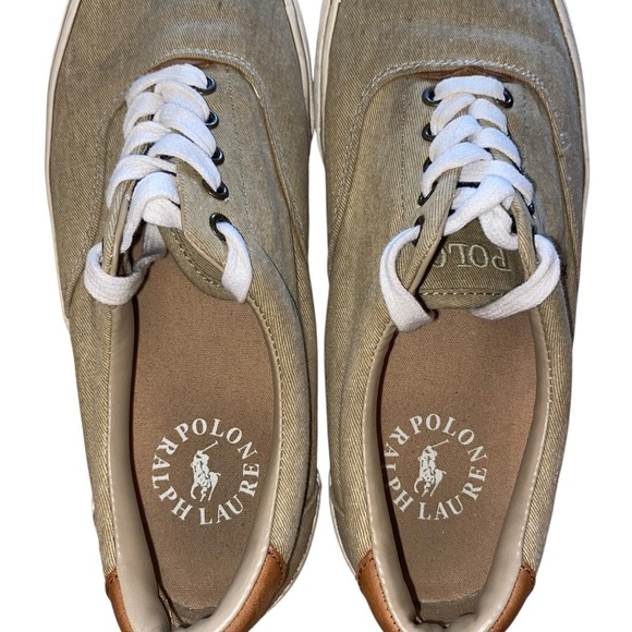 Polo Ralph Lauren Keaton Canvas Sneaker Tan w/ cognac leather embroidered polo - Picture 8 of 13